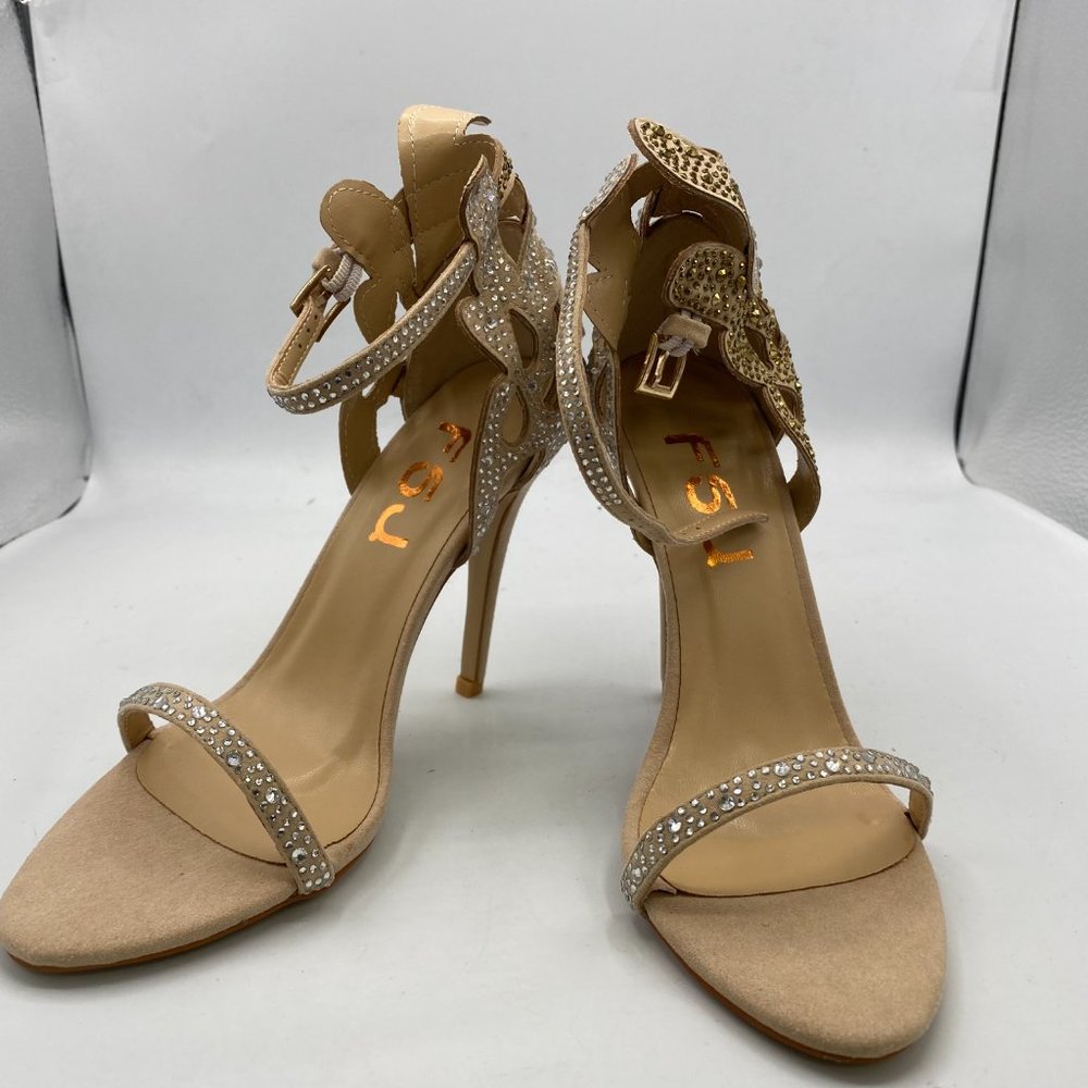 A FSJ Champagne Champagne Wedding Shoes Rhinestone Stiletto Heels Bridal Sandals - Picture 3 of 14